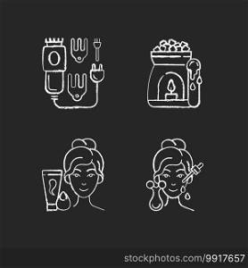 Beauty care appliances chalk white icons set on black background. Electric hair clippers. Wax warmer. Makeup sponge. Microcurrent massager. Hair trimmer. Isolated vector chalkboard illustrations. Beauty care appliances chalk white icons set on black background