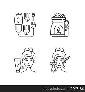 Beauty care appliances linear icons set. Electric hair clippers. Wax warmer. Makeup sponge. Hair trimmer. Customizable thin line contour symbols. Isolated vector outline illustrations. Editable stroke. Beauty care appliances linear icons set