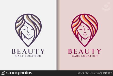 Beauty Care Location Logo Design. Minimalist Beauty Woman Face with Long Hair Combined with Pin Location Design Concept. Flat Minimalist Vector Logo Illustration.