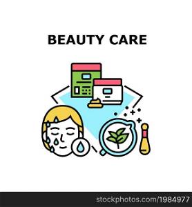 Beauty Care Vector Icon Concept. Beauty Care Cosmetic Production, Preparing And Container Package. Client Enjoying Skincare Therapy In Spa Salon. Moisturizing Cream Color Illustration. Beauty Care Vector Concept Color Illustration