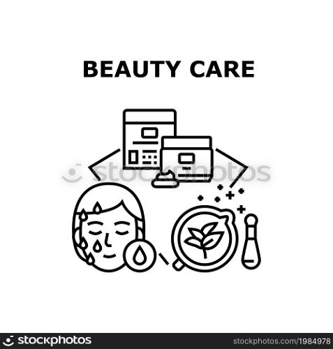 Beauty Care Vector Icon Concept. Beauty Care Cosmetic Production, Preparing And Container Package. Client Enjoying Skincare Therapy In Spa Salon. Moisturizing Cream Black Illustration. Beauty Care Vector Concept Black Illustration
