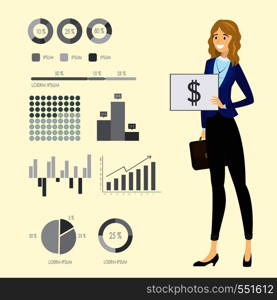 Beauty caucasian business woman and business graphs, infographics template,cartoon vector illustration. Beauty caucasian business woman and business graphs, infographic