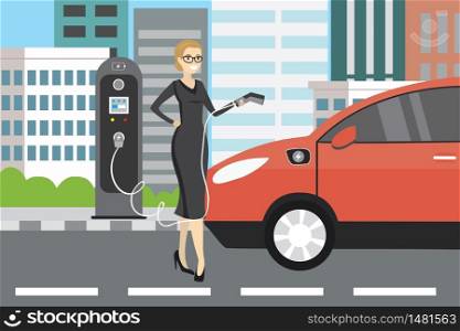 Beauty caucasian businesswoman charging an electric vehicle from a charging station.Flat vector illustration. Beauty woman charging an electric vehicle from a charging statio
