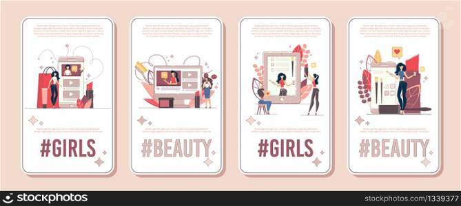 Beauty Channel Streamer, Cosmetic Products Reviewer, Makeup Consultant Vertical Banner, Poster Set. Beauty Blogger Testing Cosmetics, Communicating with Followers, Subscribers Flat Vector Illustration