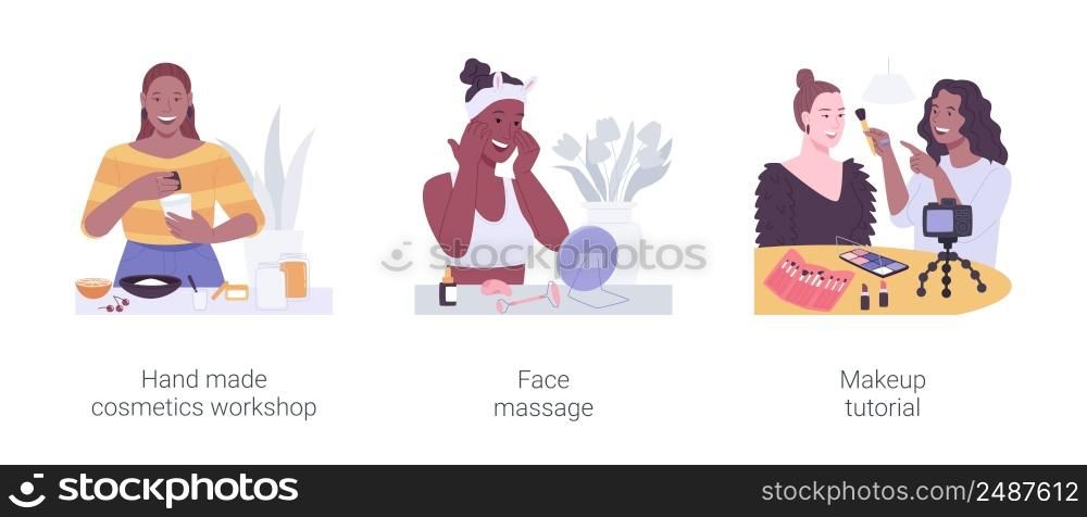 Beauty classes isolated cartoon vector illustrations set. Hand made cosmetics workshop, make organic product, woman does face massage, morning rituals, girl recording makeup tutorial vector cartoon.. Beauty classes isolated cartoon vector illustrations set.