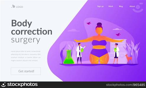 Beauty clinic, liposuction procedure, appearance change. Patient and doctors. Body contouring, body correction surgery, body plastic service concept. Website homepage header landing web page template.. Body Contouring landing page template