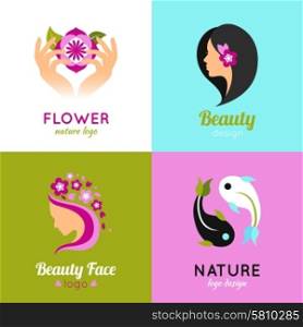 Beauty concept design 4 flat square. Natural beauty of woman face with exotic flowers 4 flat icons composition square abstract vector isolated illustration
