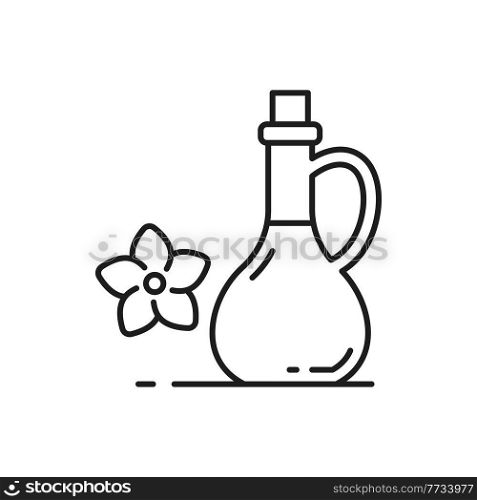 Beauty cosmetics bottle and flower isolated outline icon. Vector skin health care and massage hyaluronic or essence oils, herbal medicine. Spa skin care product, line art jar with wooden cork. Spa body face cosmetics beauty jar and flower icon