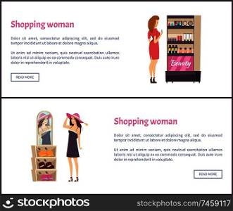 Beauty cosmetics stand with production for makeup and visage vector. Woman choosing mascara, lipstick and foundation. Client and palettes bottles. Beauty Cosmetics Stand, Female Choosing Headwear