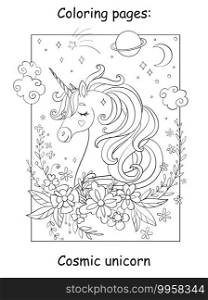 Beauty cosmic unicorn head with stars and flowers. Coloring book page for children. Vector cartoon illustration isolated on white background. For coloring book, preschool education, print, game, decor.. Beauty cosmic unicorn with flowers and stars coloring vector