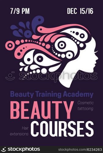 Beauty courses and training poster. Beautiful ornamental hair girl silhouette. Vector illustration of woman beauty salon design&#xA;