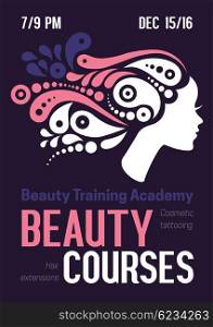 Beauty courses and training poster. Beautiful ornamental hair girl silhouette. Vector illustration of woman beauty salon design&#xA;