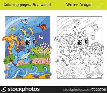 Beauty cute baby dragon swims with a fish. Coloring book page for children with colorful template. Vector cartoon illustration. For education, print, game, decor, puzzle,design. Coloring and color cute baby dragon swims with a fish