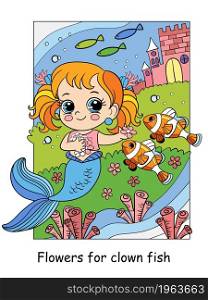 Beauty cute baby mermaid swims with a clown fishes. Vector cartoon illustration in a cartoon children style. For education, print, game, decor, puzzle, design, sticker, cards and fabric. Cute mermaid swims with a clown fishes colorful illustration