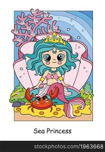 Beauty cute mermaid in a seashell and crab. Vector cartoon illustration in a cartoon children style. For education, print, game, decor, puzzle, design, sticker, cards and fabric. Cute mermaid in a seashell and crab colorful illustration