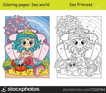 Beauty cute mermaid in a seashell and crab. Coloring book page for children with colorful template. Vector cartoon illustration. For education, print, game, decor, puzzle,design. Coloring and color cute mermaid in a seashell and crab