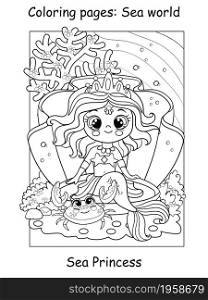 Beauty cute mermaid in a seashell and crab. Coloring book page for children. Vector cartoon illustration isolated on white background. For coloring book, education, print, game, decor, puzzle, design. Coloring book page cute mermaid in a seashell and crab