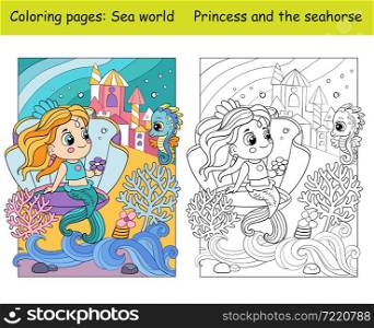 Beauty cute mermaid in a seashell. Coloring book page for children with colorful template. Vector cartoon illustration. For education, print, game, decor, puzzle,design. Coloring and color cute mermaid in a seashell