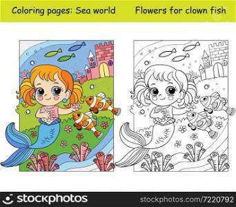 Beauty cute mermaid plays with clown fishes. Coloring book page for children with colorful template. Vector cartoon illustration. For education, print, game, decor, puzzle,design. Coloring and color cute mermaid plays with clown fishes
