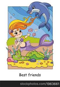 Beauty cute mermaid swims with a dolphin. Vector cartoon illustration in a cartoon children style. For education, print, game, decor, puzzle, design, sticker, cards and fabric. Cute mermaid swims with a dolphin colorful illustration