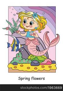 Beauty cute mermaid swims with a fish. Vector cartoon illustration in a cartoon children style. For education, print, game, decor, puzzle, design, sticker, cards and fabric. Cute mermaid swims with a fish colorful illustration