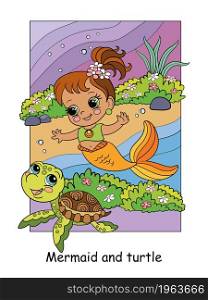 Beauty cute mermaid swims with a sea turtle. Vector cartoon illustration in a cartoon children style. For education, print, game, decor, puzzle, design, sticker, cards and fabric. Cute mermaid swims with a dolphin colorful illustration