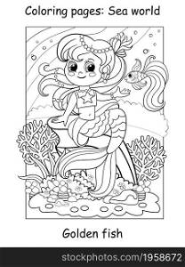 Beauty cute mermaid with golden fish. Coloring book page for children. Vector cartoon illustration isolated on white background. For coloring book, education, print, game, decor, puzzle, design. Coloring book page cute mermaid with golden fish
