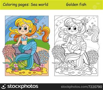 Beauty cute mermaid with golden fish. Coloring book page for children with colorful template. Vector cartoon illustration. For education, print, game, decor, puzzle,design. Coloring and color cute mermaid with golden fish