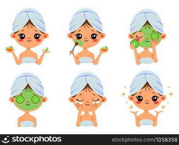 Beauty face mask. Woman skin care, cleaning and face brushing. Acne treatment and sheets masks. Relax cream or scrub masking vector cartoon isolated icons illustration set. Beauty face mask. Woman skin care, cleaning and face brushing. Acne treatment masks vector cartoon illustration