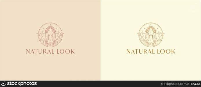 Beauty face woman. Cosmetic, spa, yoga, skin care, flat modern vector illustration. Minimal style logo and branding vector design template. Natural Look logo design
