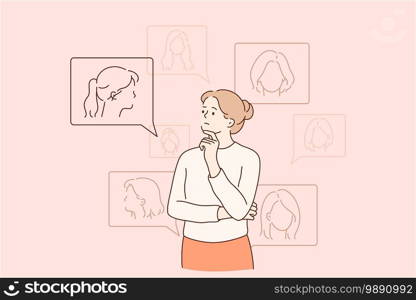 Beauty, fashion and high technologies concept. Thoughtful lady looking at different options of hairstyle. Girl choosing new haircut in internet comparing images vector illustration. Beauty, fashion and high technologies concept