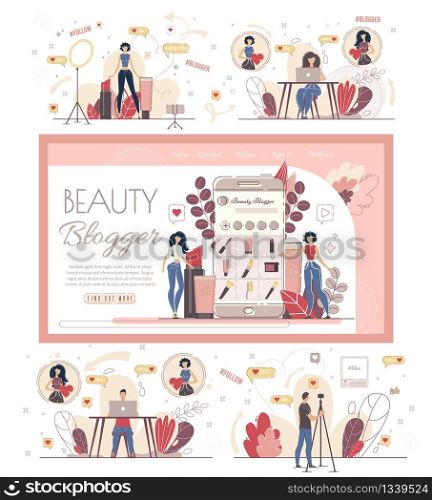 Beauty, Fashion Blogger, Makeup School Vlog, Cosmetics Review Channel Web Banner, Landing Page. Beauty Bloggers Follower, Video Streamers Viewer, Online User Characters Trendy Flat Vector Illustration