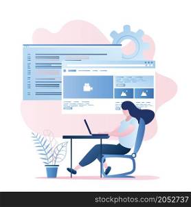 Beauty female programmer with laptop at workplace,front-end and back-end development,web page template,trendy style vector illustration