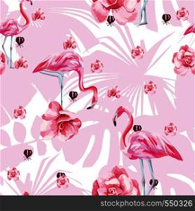 Beauty flat vector bird pink flamingo and flowers roses seamless pattern on the tropical leaves background. Trendy hand drawn bright art illustration