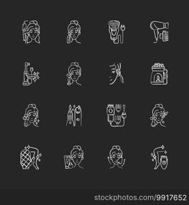 Beauty gadgets chalk white icons set on black background. Hair tong. Electric shaver. Manicure and pedicure. Facial cleansing device. Makeup sponge. Isolated vector chalkboard illustrations. Beauty gadgets chalk white icons set on black background