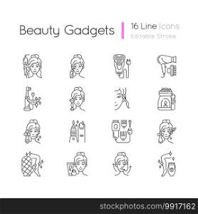Beauty gadgets linear icons set. Hair tong. Electric shaver. Manicure and pedicure. Makeup sponge. Customizable thin line contour symbols. Isolated vector outline illustrations. Editable stroke. Beauty gadgets linear icons set