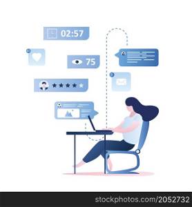 Beauty girl chatting in social network,businesswoman at workplace,chat and feedback,speech bubbles with signs and internet symbols,trendy style vector illustration