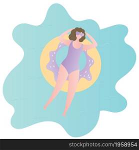 Beauty girl lying on circle pool raft,top view, trendy style vector illustration