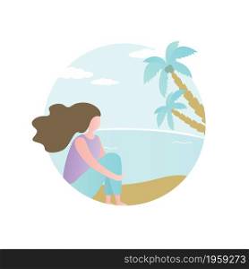 Beauty girl sitting on beach,tropical card with female charater, palm tree and ocean.Trendy style vector illustration