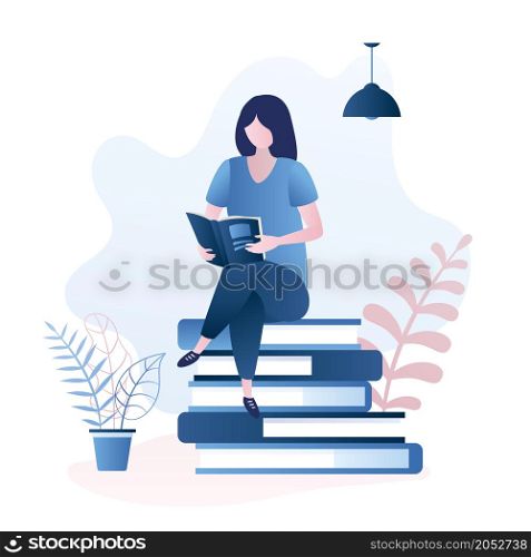 Beauty girl sitting on pile of books,female character reading book or magazine,education or learning concept,trendy style vector illustration