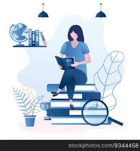 Beauty girl student sitting on pile of books. Female character reading book or magazine. Education or learning concept. Various school elements and signs. Trendy style vector illustration. Beauty girl student sitting on pile of books. Female character reading book