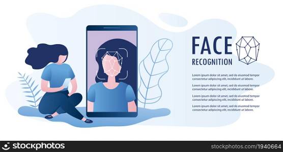 Beauty girl with cellphone,Female face on big smartphone screen,Face id concept background,Personality Recognition,banner with place for text,vector illustration