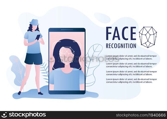 Beauty girl with cellphone,Female face on big smartphone screen,Face id concept background,Personality Recognition,banner with place for text,vector illustration