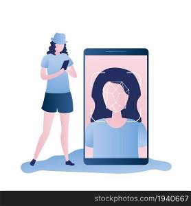 Beauty girl with cellphone,Female face on smartphone screen,Face id concept background,Personality Recognition,isolated on white,vector illustration