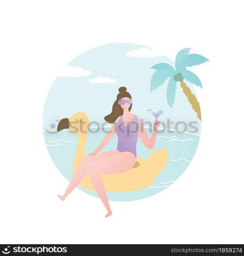 Beauty girl with cocktail in hand swimming on inflatable circle,summer beach background,flat vector illustration
