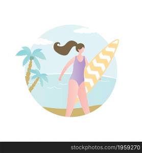 Beauty girl with serfboard on beach,tropical card with female charater, palm tree and ocean.Trendy style vector illustration
