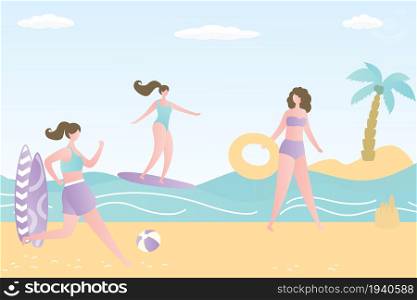 Beauty girls on tropical beach,female characters are engaged in beach sports and activities,trendy style vector illustration