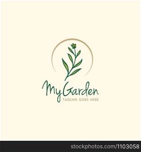 Beauty Grass Flower Leaf with golden circle for Garden Backyard Plant logo design