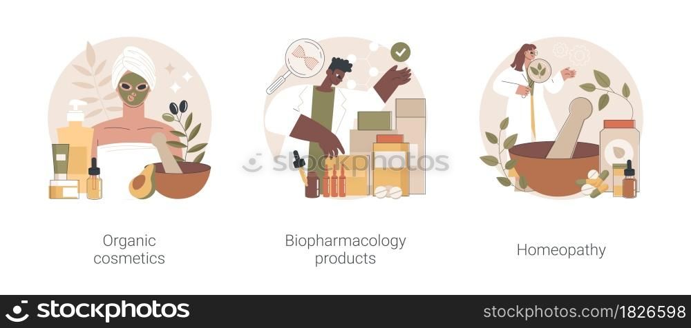 Beauty industry abstract concept vector illustration set. Organic cosmetics, biopharmacology products, homeopathy, skin treatment, natural pharmacy, nutrition supplement, holistic abstract metaphor.. Beauty industry abstract concept vector illustrations.