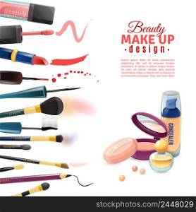Beauty makeup advertisement poster with realistic nailpolish and face paint rouge cosmetics products samples border vector illustration. Cosmetics Beauty Make-up Design POster